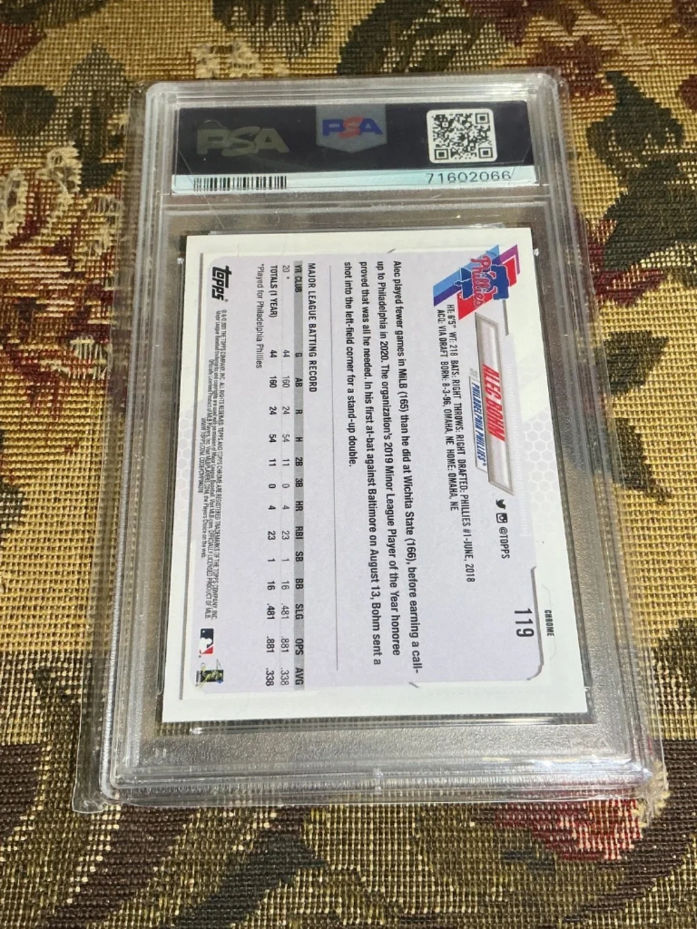 2021 Topps Chrome Baseball Alec Bohm #119 Graded PSA 10 MLB Rookie card